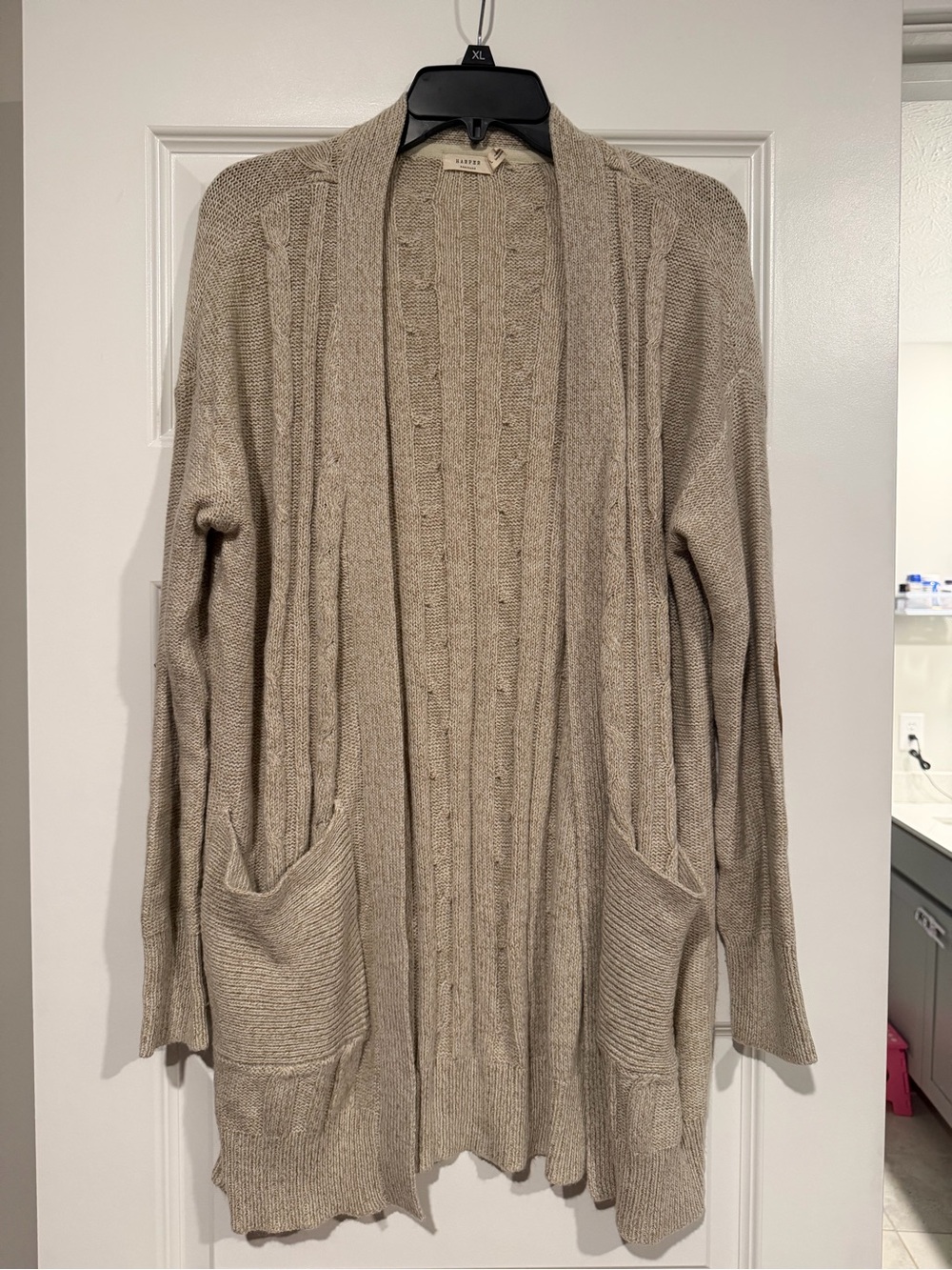 Harper Cable Knit Open Cardigan Sweater - Beige With Elbow Detaila